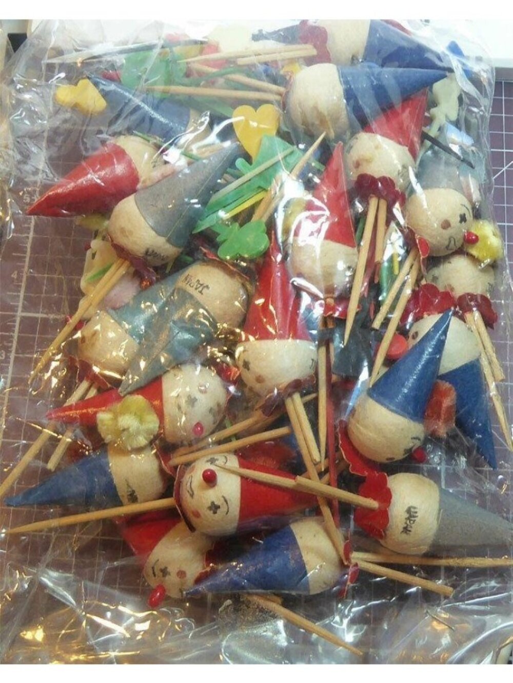 Vintage Spun Cotton Clown Cupcake Picks Made in Japan 1950s Party Toppers
